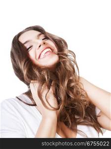 very happy smiling woman on white background