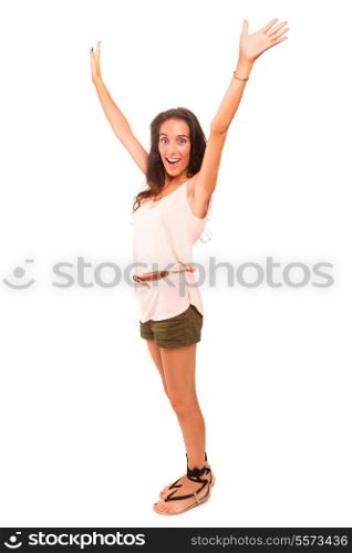 Very happy woman raising her arms and celebrating
