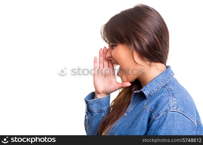 Very happy woman screaming at someone, isolated over a white background