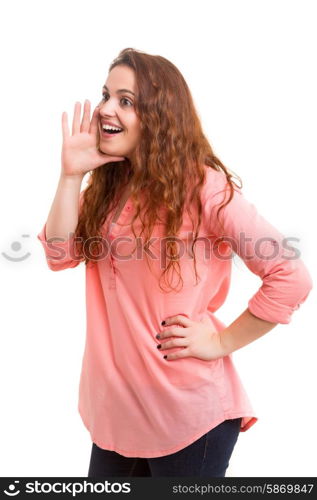 Very happy woman screaming at someone, isolated over a white background