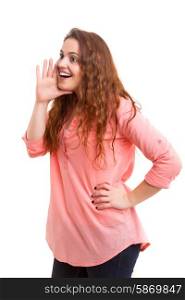 Very happy woman screaming at someone, isolated over a white background