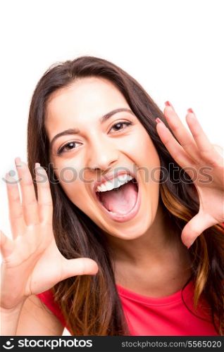 Very happy woman screaming of joy, isolated over a white background