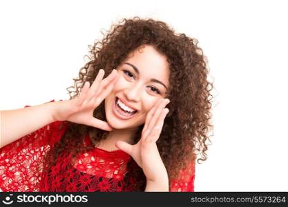 Very happy woman screaming of joy, isolated over a white background