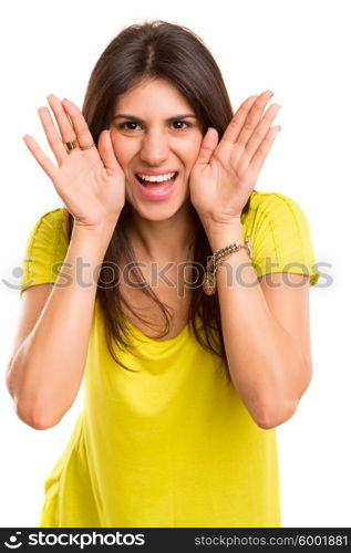 Very happy woman screaming of joy, isolated over a white background