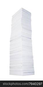 Very high stack of paper on white background