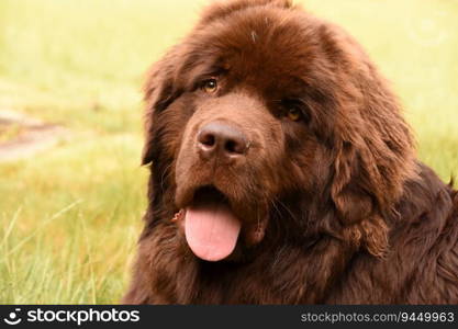 Very large fluffy chocolate brown Newfoundland dog resting outside in the sun.