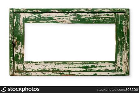 Very old empty wooden frame, painted green, isolated on white. Old empty wooden frame
