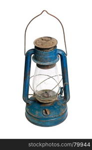 Very old kerosene lamp. Isolated objects: very old shabby and rusty blue kerosene lamp, on white background