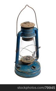 Very old kerosene lamp. Isolated objects: very old shabby and rusty blue kerosene lamp, on white background