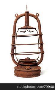 Very old kerosene lamp. Isolated objects: very old shabby and rusty kerosene lamp, without glass, on white background