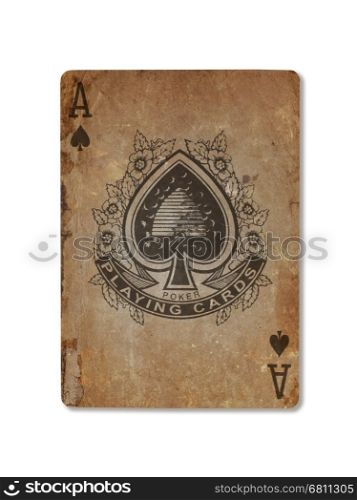 Very old playing card isolated on a white background, ace of spades