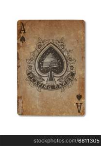 Very old playing card isolated on a white background, ace of spades