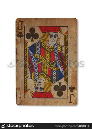 Very old playing card isolated on a white background, Jack of clubs