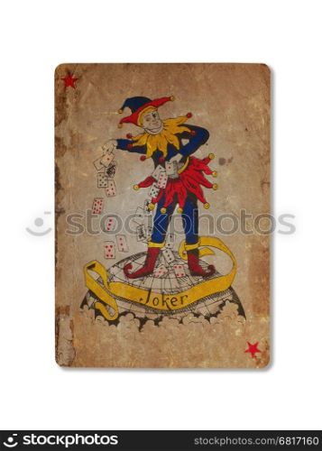 Very old playing card isolated on a white background, Joker