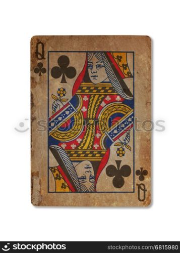 Very old playing card isolated on a white background, Queen of clubs