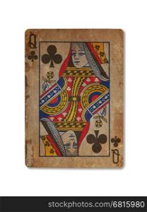 Very old playing card isolated on a white background, Queen of clubs