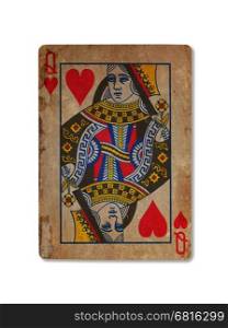 Very old playing card isolated on a white background, Queen of hearts