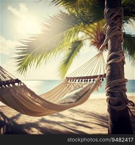 Very simple Hammock under palm tree, Summer and vacation concept created by AI 