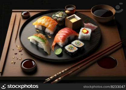 Very tasty sushi served on a dark wooden plate with chopsticks and sauces created with generative AI technology