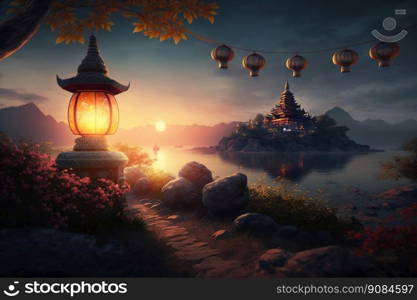 Vesak day sunset background. Illustration Generative AI. Vesak day sunset background. Illustration AI Generative