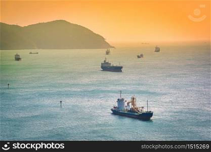 Vessel ship at sunset in Busan, South Gyeongsang Province, South Korea.