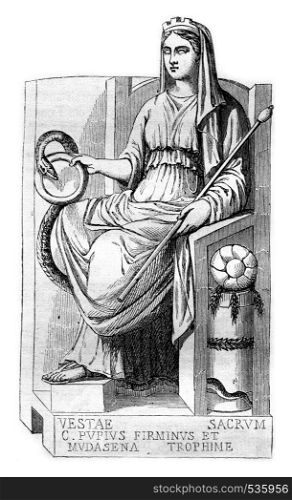 Vesta, goddess of the Bakers, vintage engraved illustration. Magasin Pittoresque 1857.
