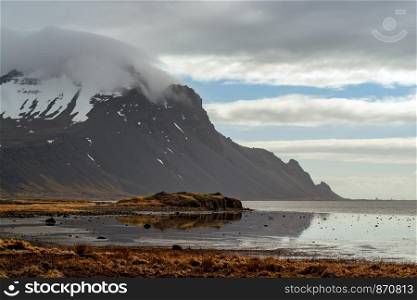 Vestrahorn mountain in a cloudy day, Iceland. Vestrahorn mountain in Iceland