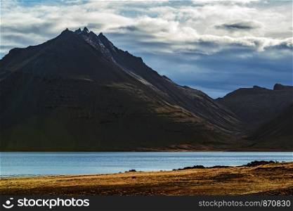 Vestrahorn mountain seen from back near the sunset in Iceland. Vestrahorn mountain in Iceland