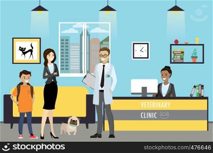 Veterinary Clinic reception, doctor and family with dog are standing, administrator sits, cartoon vector illustration. doctor and family with dog are standing