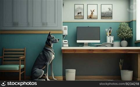 Veterinary office with medical equipment, instruments and medicines. AI generated. Retro interior, with a desk. With a dog patient.. Veterinary office with medical equipment, instruments and medicines. AI generated