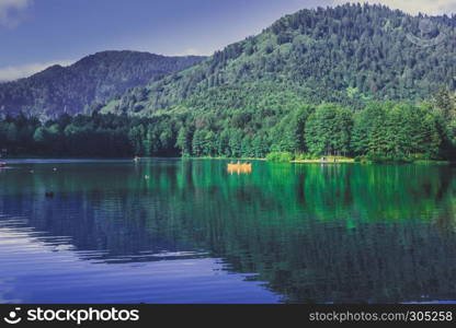 Vew of Karagol (Black lake) a popular destination for tourists,locals,campers and travelers in Eastern Black Sea,Savsat, Artvin, Turkey. Landscape view of Karagol (Black lake) in Savsat,Artvin,Turkey