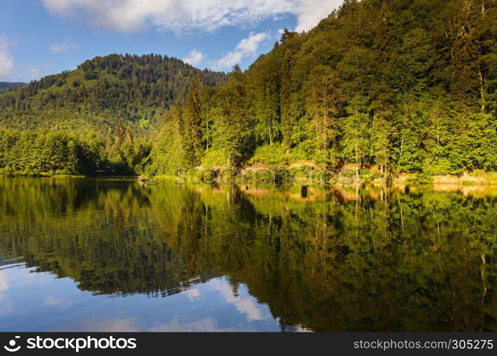 Vew of Karagol (Black lake) a popular destination for tourists,locals,campers and travelers in Eastern Black Sea,Savsat, Artvin, Turkey. Landscape view of Karagol (Black lake) in Savsat,Artvin,Turkey