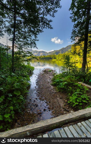 Vew of Karagol (Black lake) a popular destination for tourists,locals,campers and travelers in Eastern Black Sea,Savsat, Artvin, Turkey. Landscape view of Karagol (Black lake) in Savsat,Artvin,Turkey