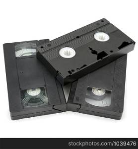 VHS video tape cassette isolated on white background. Retro equipment.
