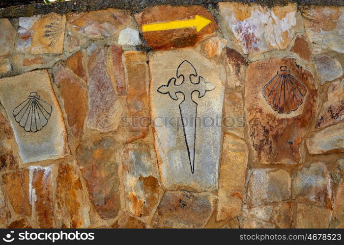 Via de la Plata way sign to Santiago in Spain at Extremadura stonewall