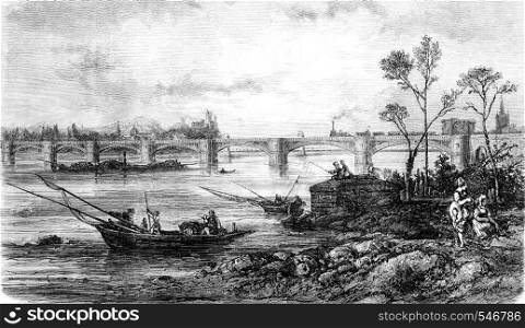 Viaduct over the Rhone between Beaucaire and Tarascon, vintage engraved illustration. Magasin Pittoresque 1861.