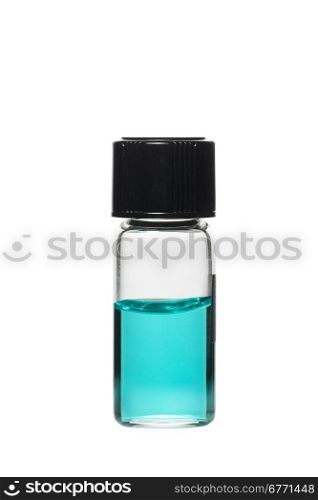 Vial with colored solution and reflection, isolated on white background