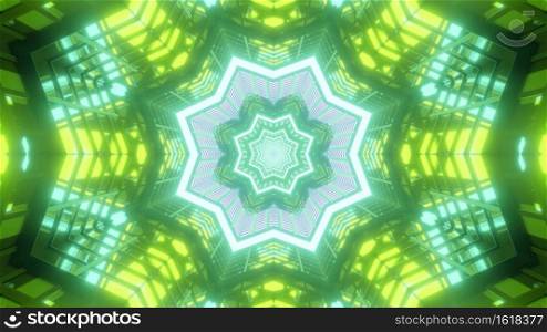 Vibrant 3d illustration abstract visual background with symmetrical kaleidoscopic green colored star and flowers shaped frames creating endless tunnel effect. Abstract 3d illustration with symmetrical colorful ornament