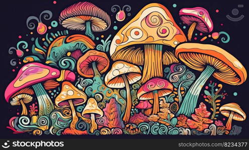 Vibrant Abstract Art  60s-70s Retro Style Psychedelic Mushroom Clipart for a Trippy Experience by generative AI