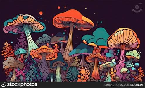 Vibrant Abstract Art  60s-70s Retro Style Psychedelic Mushroom Clipart for a Trippy Experience by generative AI