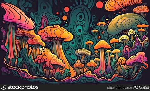 Vibrant Abstract Art  60s-70s Retro Style Psychedelic Mushroom Clipart for a Trippy Experience by generative AI