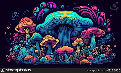 Vibrant Abstract Art  60s-70s Retro Style Psychedelic Mushroom Clipart for a Trippy Experience by generative AI