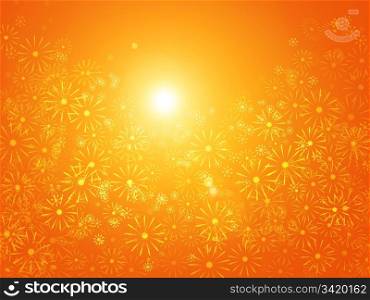 Vibrant abstract illustration depicting many bright flowers against golden sunlight.