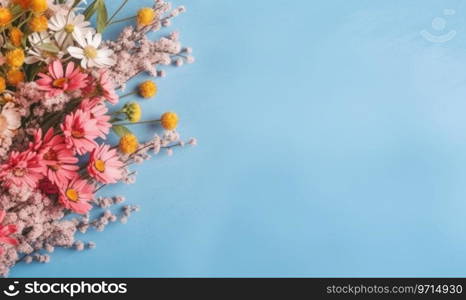 Vibrant bouquet of assorted flowers against a serene blue background, showcasing nature’s beauty. AI Generative. Vibrant bouquet of assorted flowers. AI Generative