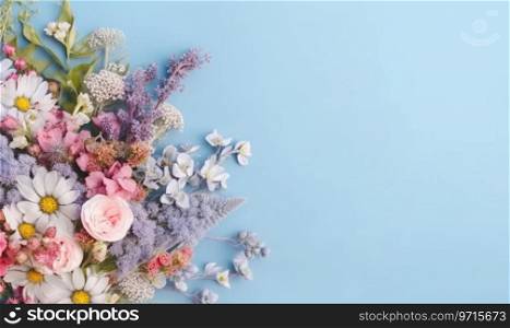 Vibrant bouquet of assorted flowers against a serene blue background, showcasing nature’s beauty. AI Generative. Vibrant bouquet of assorted flowers. AI Generative