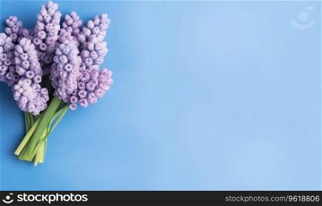 Vibrant bunch purple hyacinths against a vivid blue backdrop, symbolizing spring&rsquo;s bloom. A captivating flower arrangement. Created with generative AI tools. Vibrant bunch purple hyacinths against a vivid blue backdrop. Created by AI