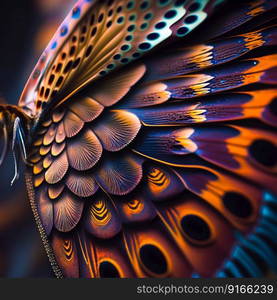 Vibrant butterfly wings closeup. Generative AI. High quality illustration. Vibrant butterfly wings closeup. Generative AI