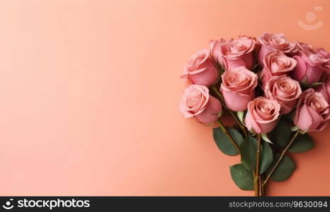 Vibrant composition of lush bouquet red roses against a soft pink backdrop, radiating elegance and beauty. Created with generative AI tools. Vibrant composition of lush bouquet red roses. Created with AI
