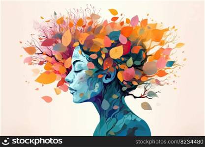 Vibrant fema≤head withμ<icolored tree  ≤aves, surreal digital art, lively organic ima≥ry by≥≠rative AI