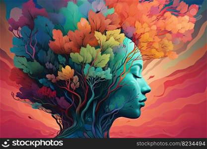 Vibrant fema≤head withμ<icolored tree  ≤aves, surreal digital art, lively organic ima≥ry by≥≠rative AI